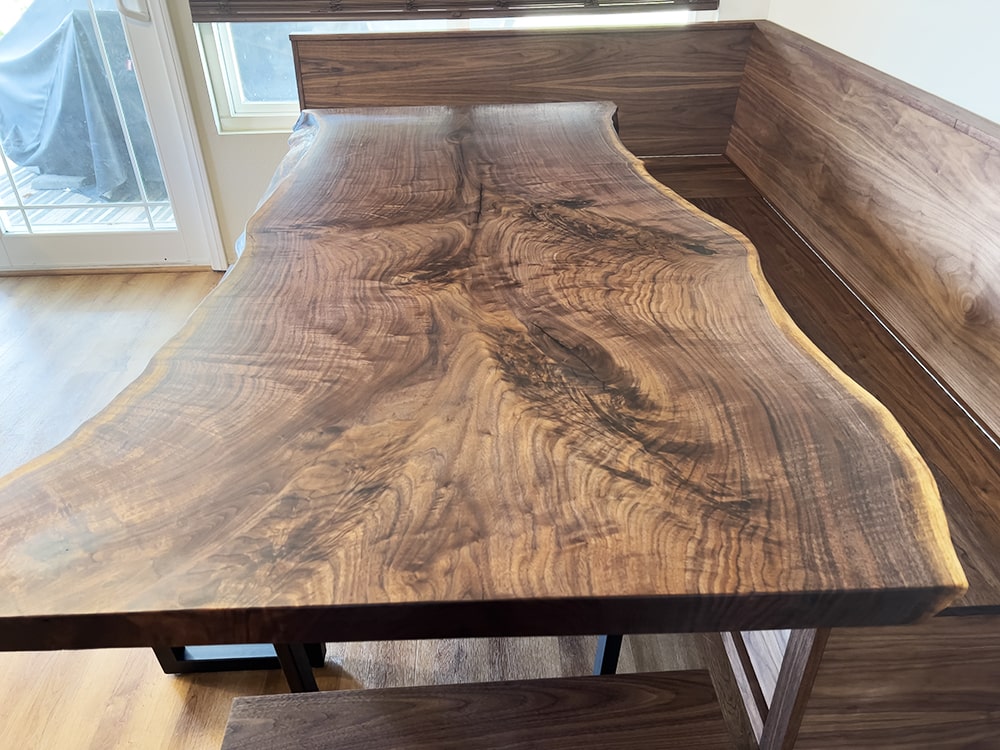 Custom Walnut Banquette With Live Edge Table