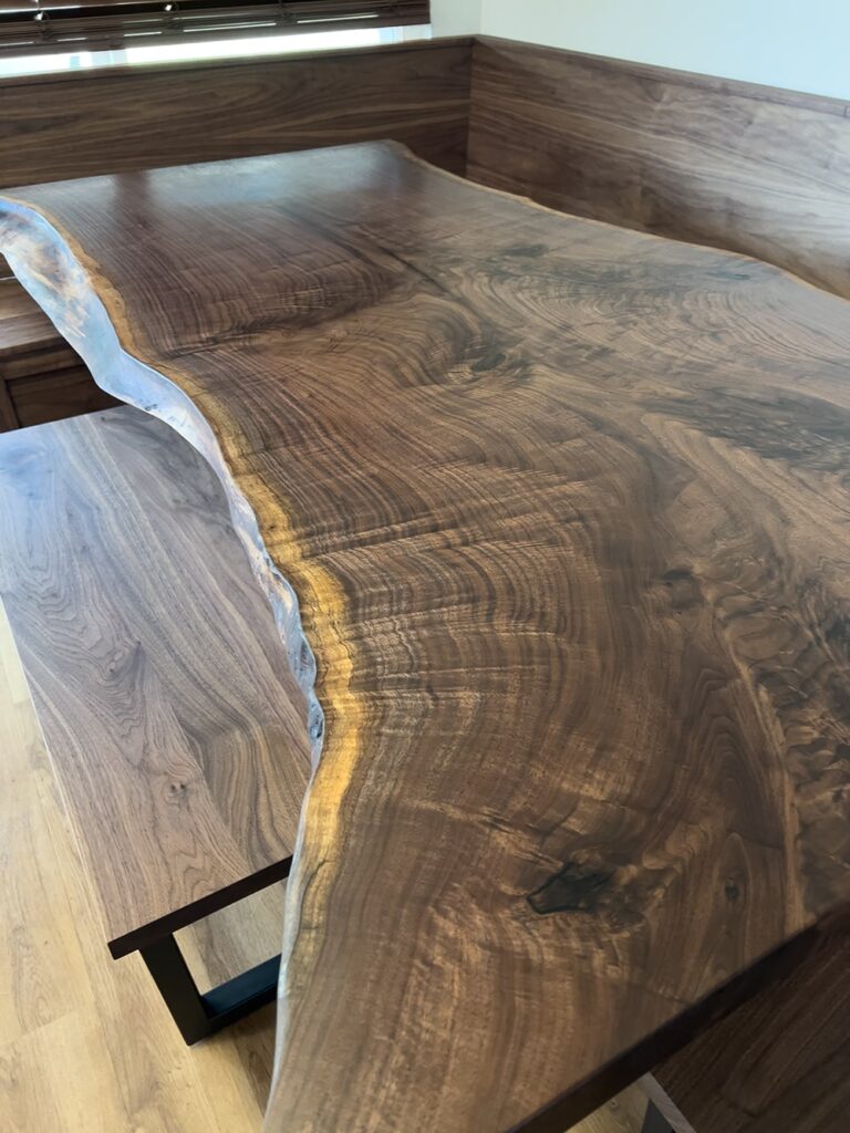 Custom Walnut Banquette With Live Edge Table