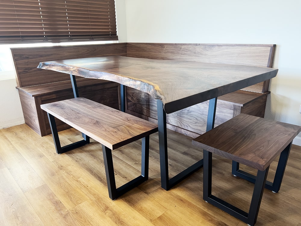 Custom Walnut Banquette With Live Edge Table